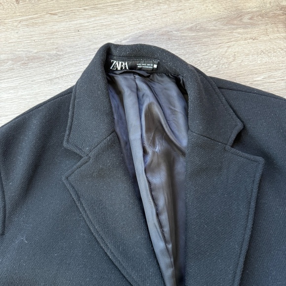 NEW ZARA MAN WOOL BLEND LONG TRENCH COAT BLACK 42 LARGE - Picture 6 of 7